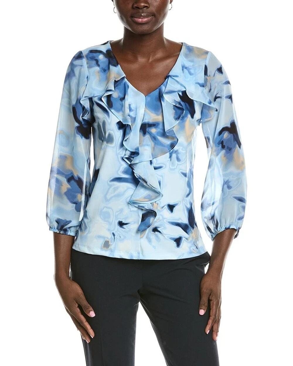 Anne Klein Cascade Ruffle Front Top Blue Size L 3865